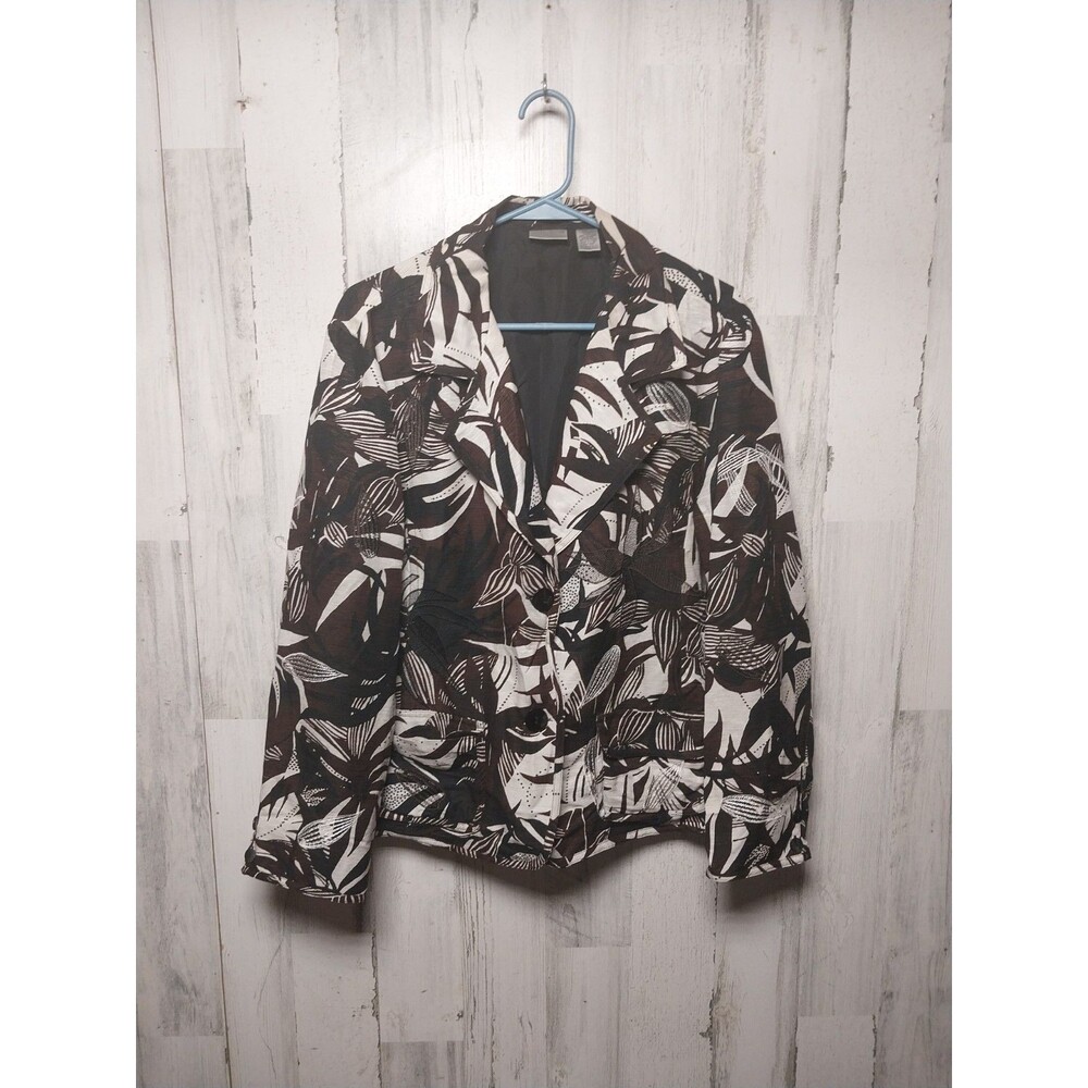 Chicos Womans Button Front Lined Silk Blazer Brown Embroidery Floral Size XL